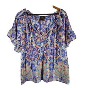 Anthropologie W5‎ Blouse Womens sz Large  Botanical patchwork Flutter Sleeve Top